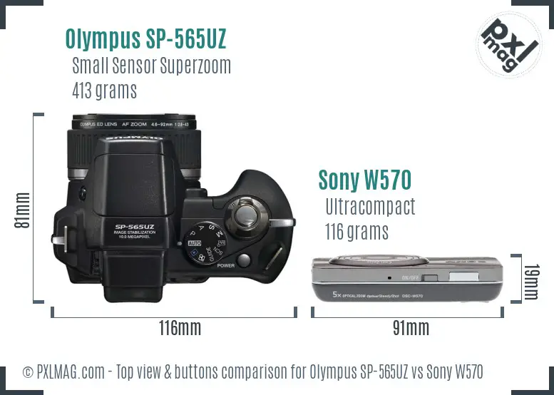 Olympus SP-565UZ vs Sony W570 top view buttons comparison