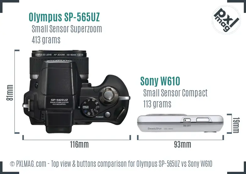 Olympus SP-565UZ vs Sony W610 top view buttons comparison