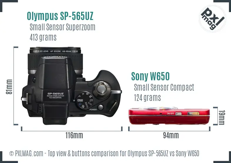 Olympus SP-565UZ vs Sony W650 top view buttons comparison