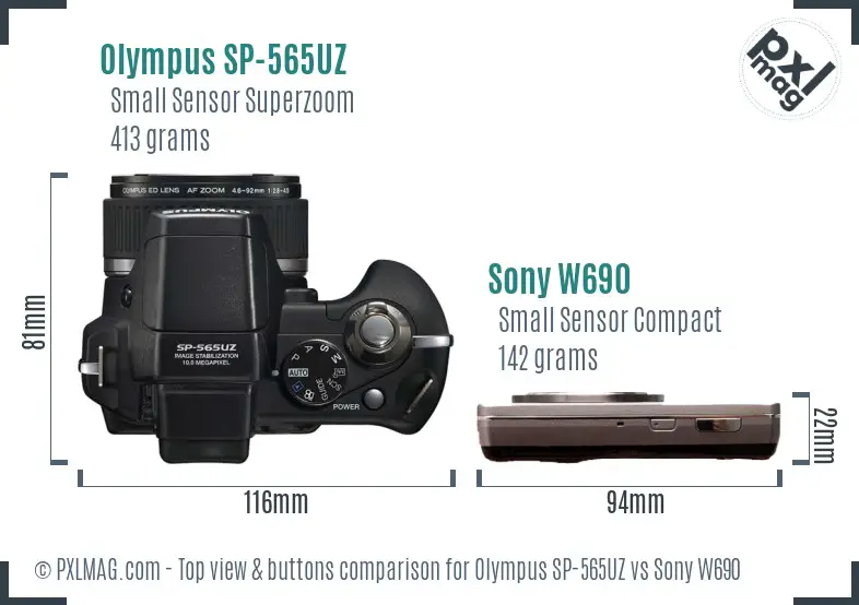 Olympus SP-565UZ vs Sony W690 top view buttons comparison