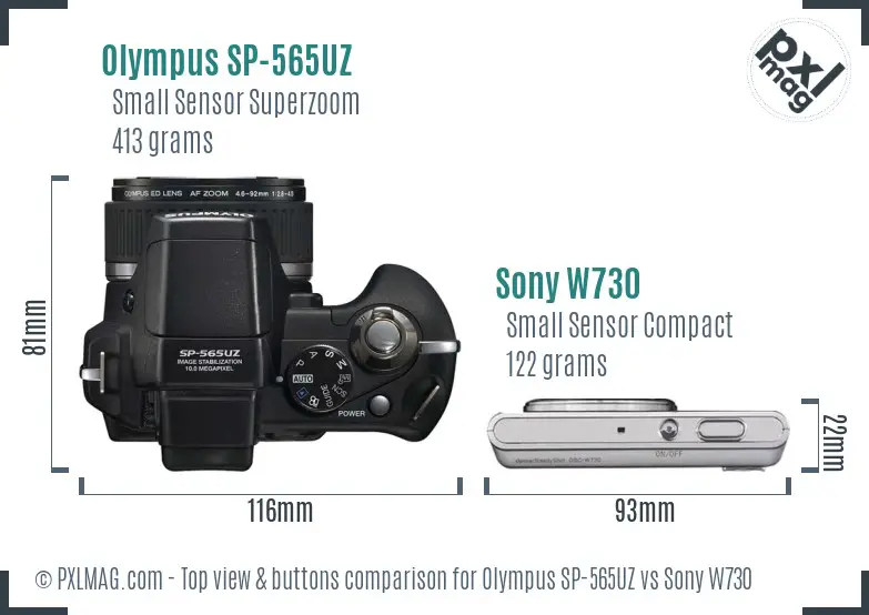Olympus SP-565UZ vs Sony W730 top view buttons comparison