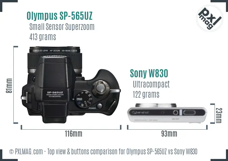 Olympus SP-565UZ vs Sony W830 top view buttons comparison