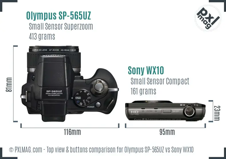 Olympus SP-565UZ vs Sony WX10 top view buttons comparison