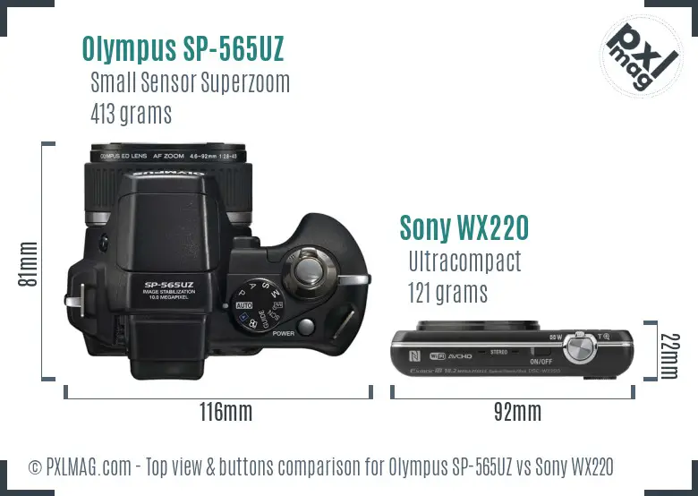 Olympus SP-565UZ vs Sony WX220 top view buttons comparison
