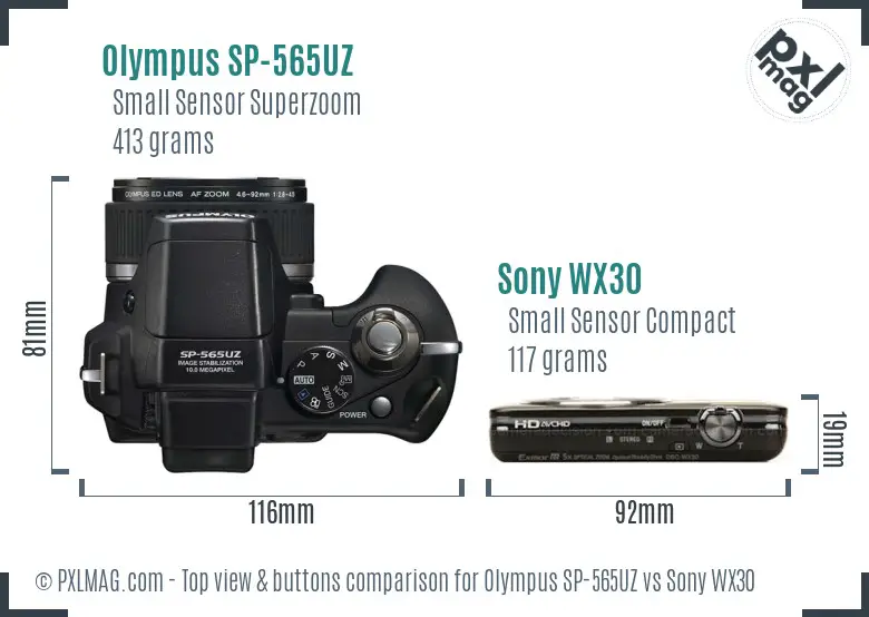 Olympus SP-565UZ vs Sony WX30 top view buttons comparison Olympus SP-565UZ vs Sony WX30 top view buttons comparison