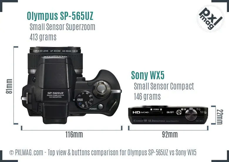 Olympus SP-565UZ vs Sony WX5 top view buttons comparison