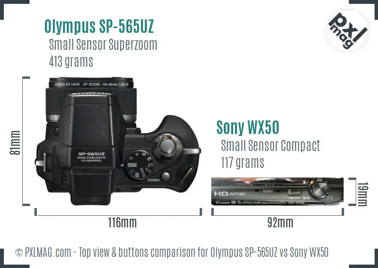 Olympus SP-565UZ vs Sony WX50 top view buttons comparison