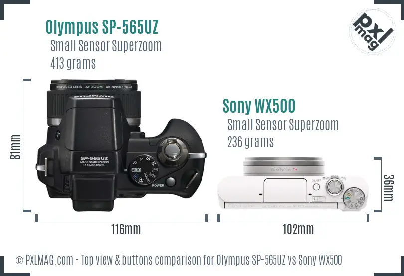 Olympus SP-565UZ vs Sony WX500 top view buttons comparison