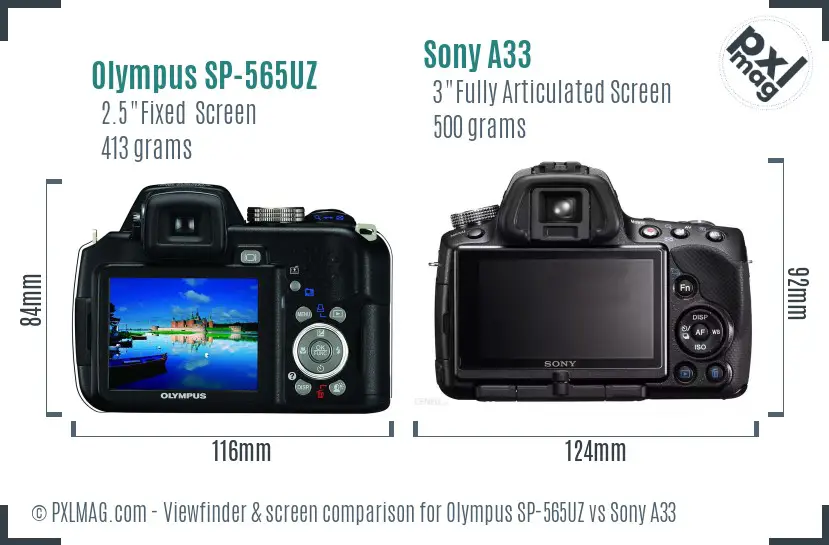 Olympus SP-565UZ vs Sony A33 Screen and Viewfinder comparison Olympus SP-565UZ vs Sony A33 Screen and Viewfinder comparison