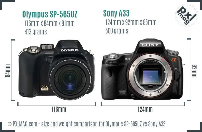 Olympus SP-565UZ vs Sony A33 size comparison Olympus SP-565UZ vs Sony A33 size comparison