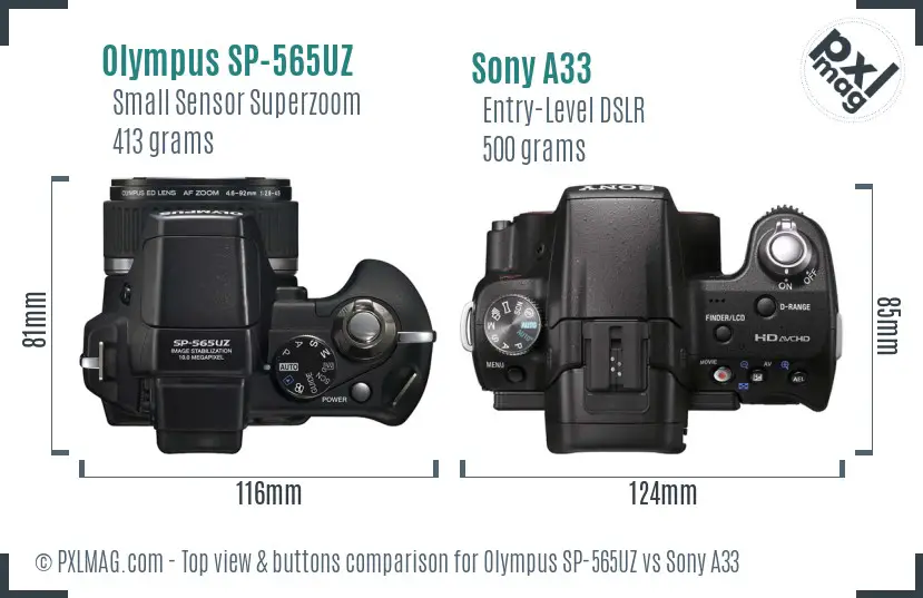 Olympus SP-565UZ vs Sony A33 top view buttons comparison Olympus SP-565UZ vs Sony A33 top view buttons comparison