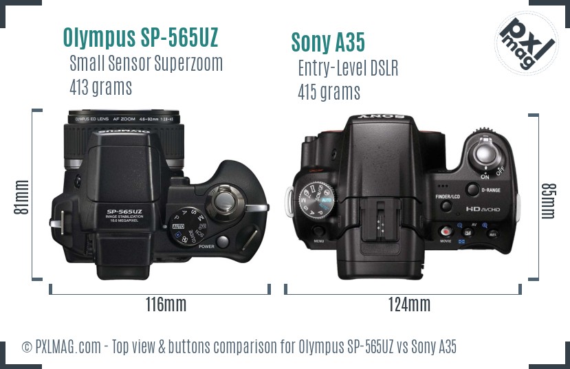 Olympus SP-565UZ vs Sony A35 top view buttons comparison