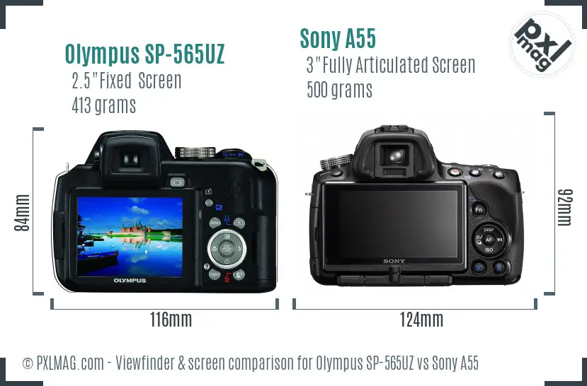 Olympus SP-565UZ vs Sony A55 Screen and Viewfinder comparison