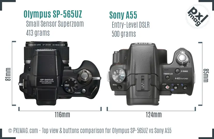 Olympus SP-565UZ vs Sony A55 top view buttons comparison