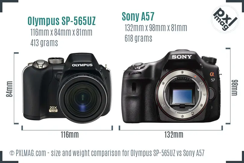 Olympus SP-565UZ vs Sony A57 size comparison