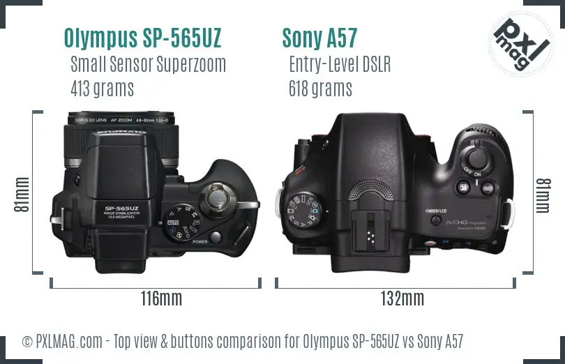 Olympus SP-565UZ vs Sony A57 top view buttons comparison