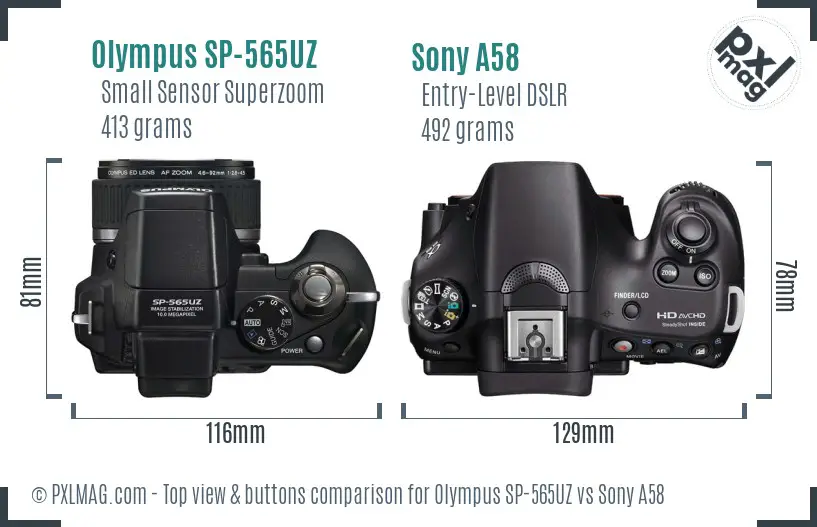 Olympus SP-565UZ vs Sony A58 top view buttons comparison