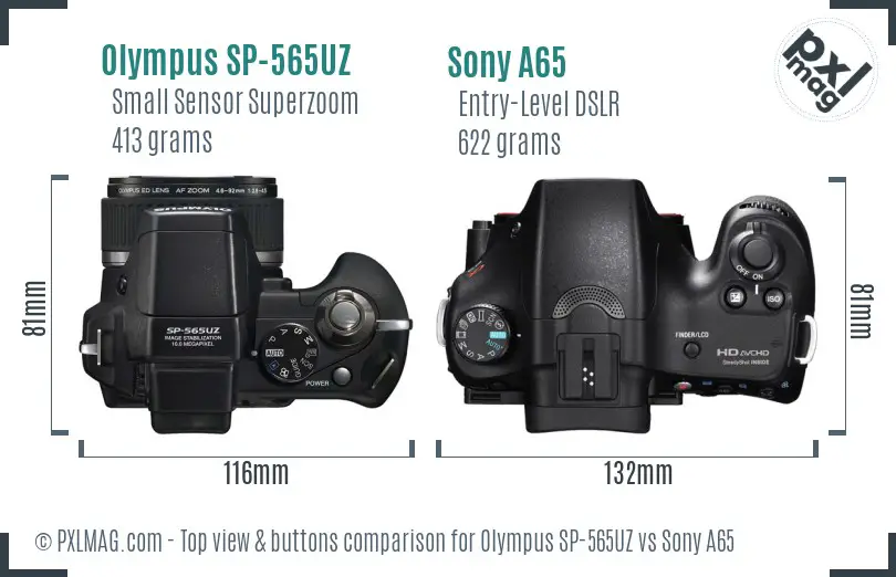 Olympus SP-565UZ vs Sony A65 top view buttons comparison