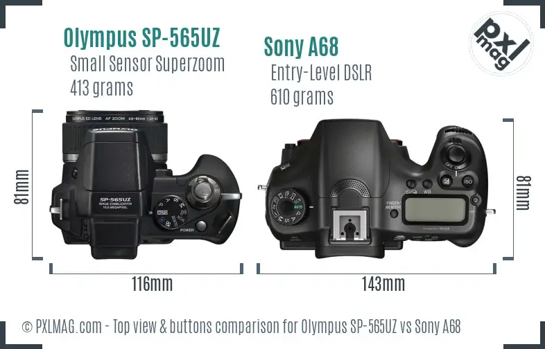 Olympus SP-565UZ vs Sony A68 top view buttons comparison