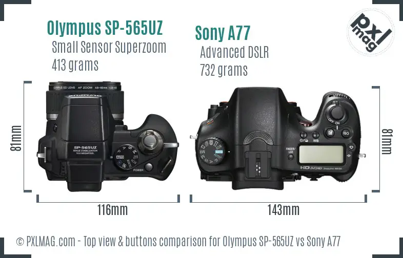 Olympus SP-565UZ vs Sony A77 top view buttons comparison Olympus SP-565UZ vs Sony A77 top view buttons comparison