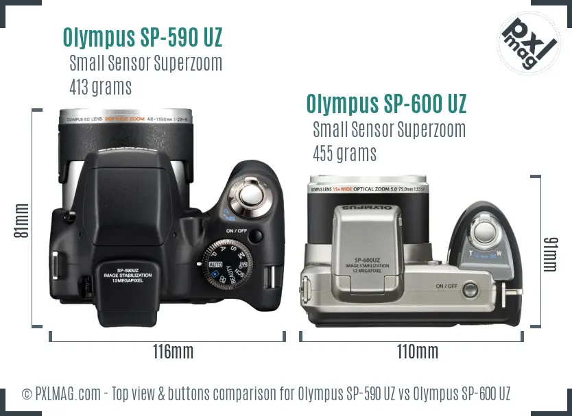 Olympus SP-590 UZ vs Olympus SP-600 UZ top view buttons comparison