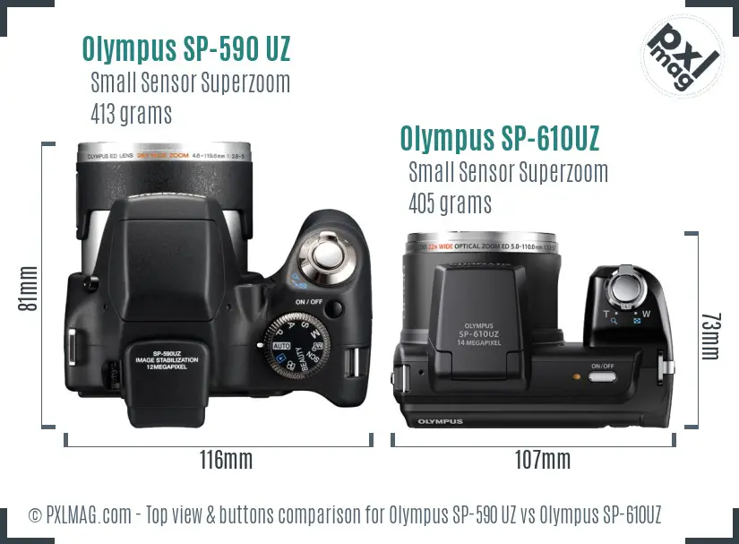 Olympus SP-590 UZ vs Olympus SP-610UZ top view buttons comparison