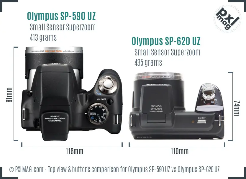 Olympus SP-590 UZ vs Olympus SP-620 UZ top view buttons comparison