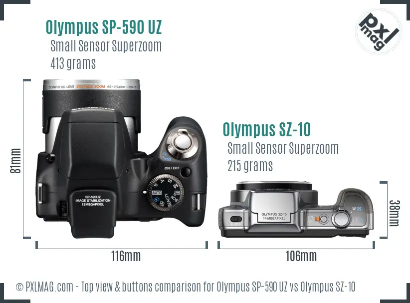Olympus SP-590 UZ vs Olympus SZ-10 top view buttons comparison