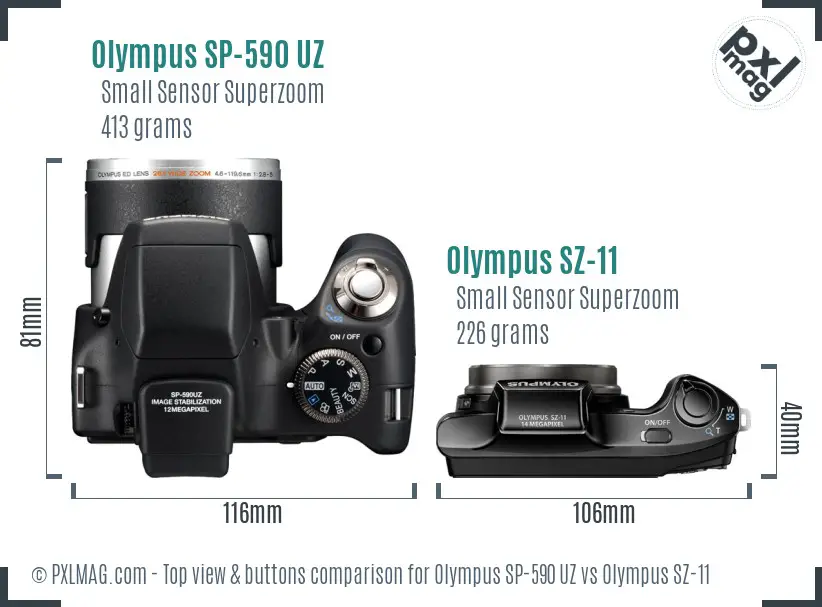 Olympus SP-590 UZ vs Olympus SZ-11 top view buttons comparison
