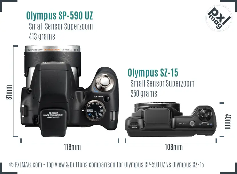 Olympus SP-590 UZ vs Olympus SZ-15 top view buttons comparison