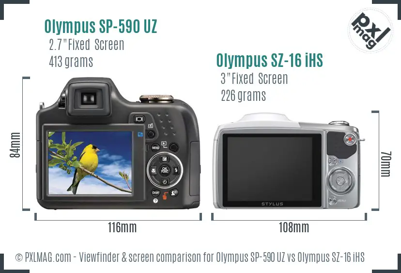 Olympus SP-590 UZ vs Olympus SZ-16 iHS Screen and Viewfinder comparison