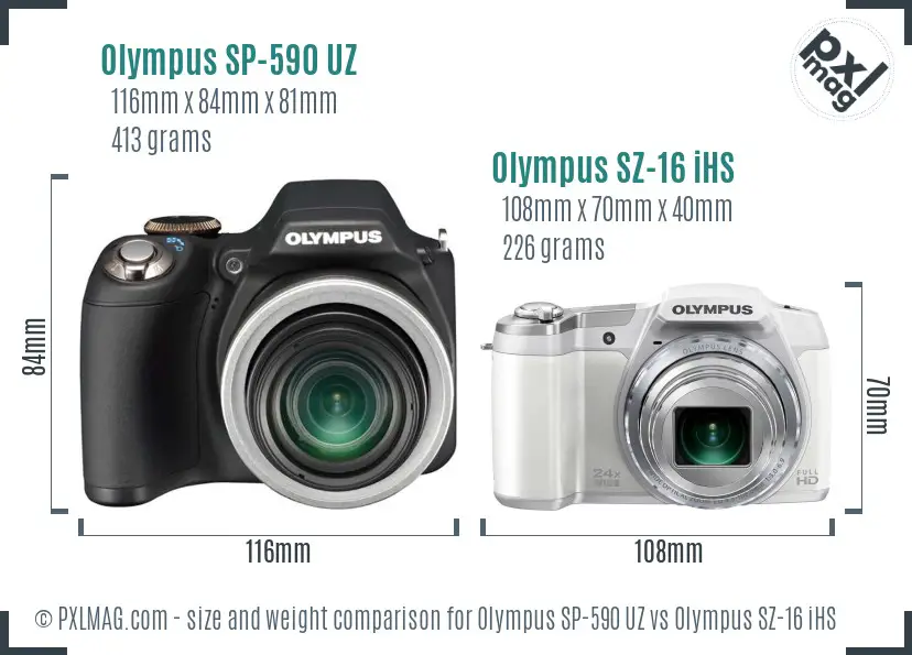 Olympus SP-590 UZ vs Olympus SZ-16 iHS size comparison