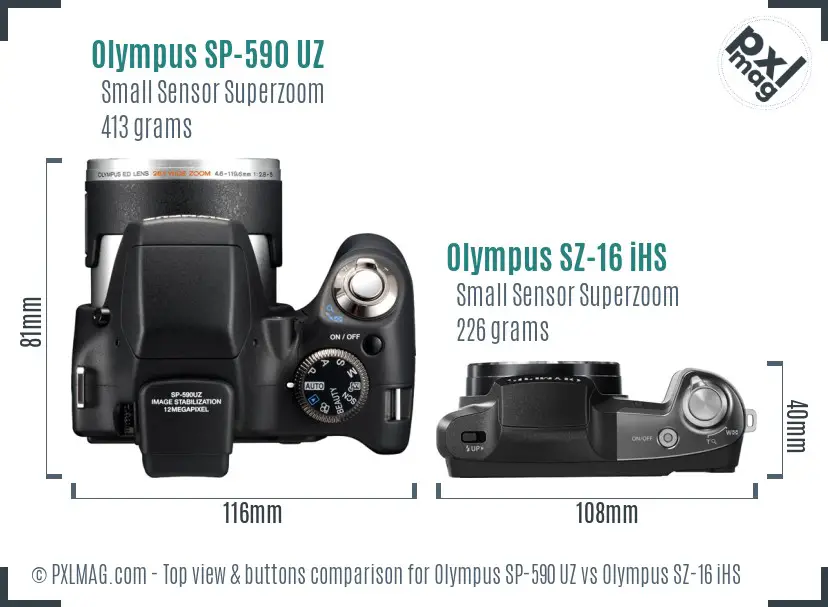 Olympus SP-590 UZ vs Olympus SZ-16 iHS top view buttons comparison