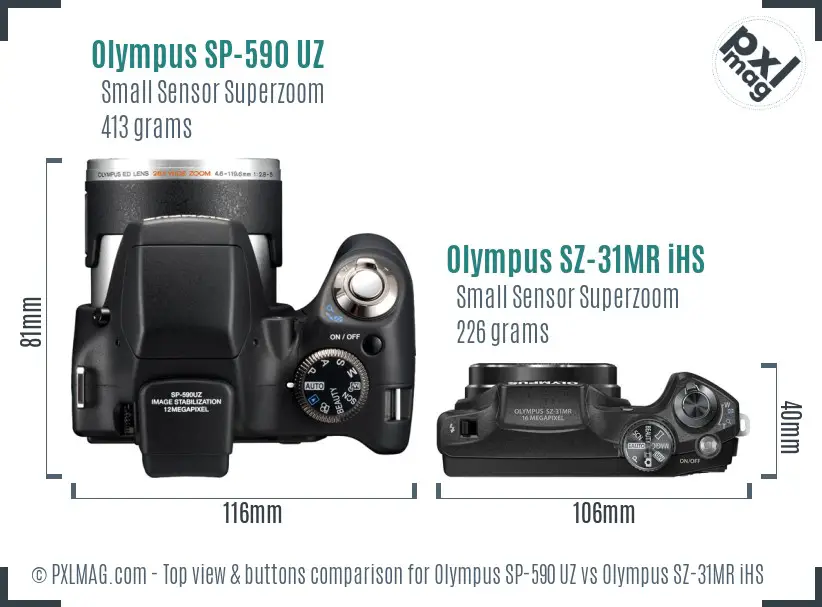 Olympus SP-590 UZ vs Olympus SZ-31MR iHS top view buttons comparison