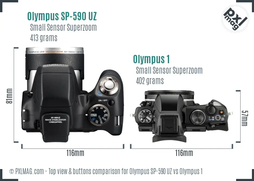 Olympus SP-590 UZ vs Olympus 1 top view buttons comparison