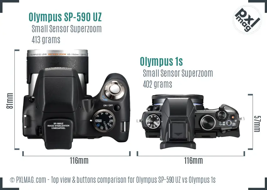 Olympus SP-590 UZ vs Olympus 1s top view buttons comparison