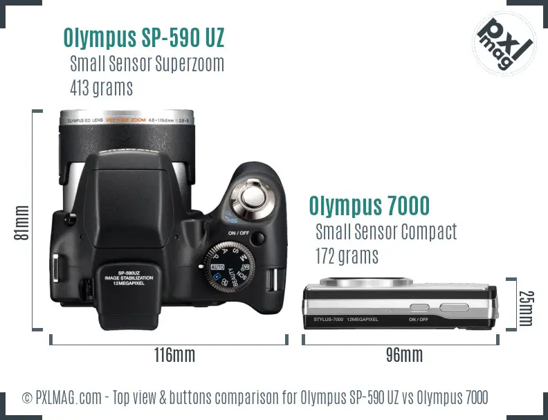 Olympus SP-590 UZ vs Olympus 7000 top view buttons comparison