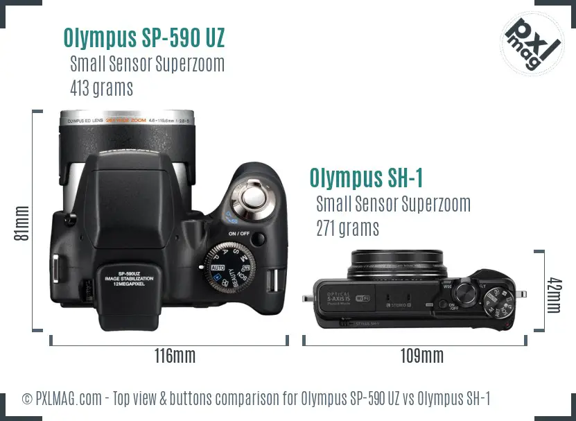 Olympus SP-590 UZ vs Olympus SH-1 top view buttons comparison
