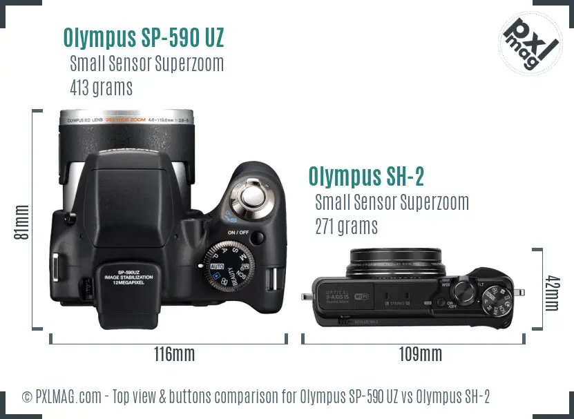Olympus SP-590 UZ vs Olympus SH-2 top view buttons comparison