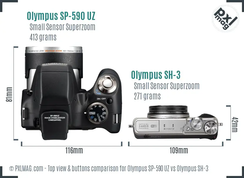 Olympus SP-590 UZ vs Olympus SH-3 top view buttons comparison