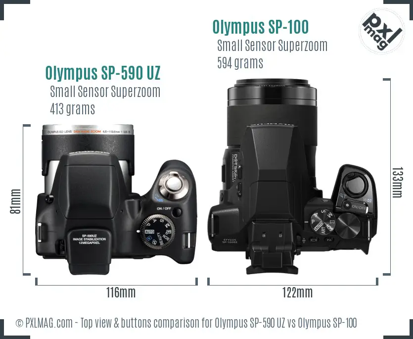 Olympus SP-590 UZ vs Olympus SP-100 top view buttons comparison