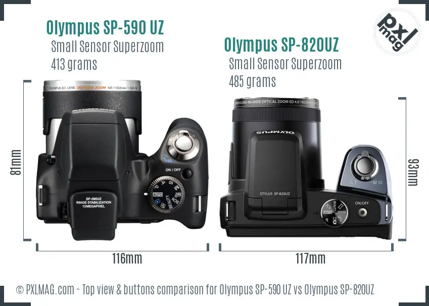 Olympus SP-590 UZ vs Olympus SP-820UZ top view buttons comparison