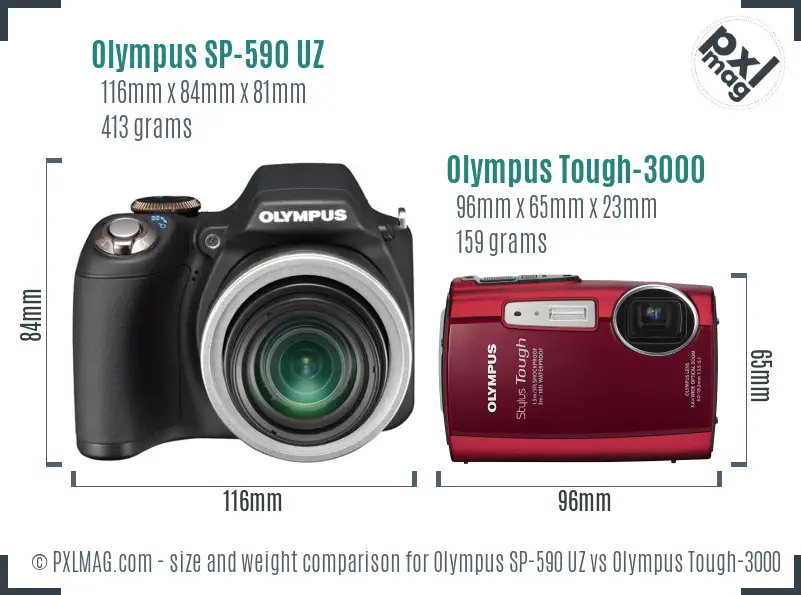Olympus SP-590 UZ vs Olympus Tough-3000 size comparison Olympus SP-590 UZ vs Olympus Tough-3000 size comparison