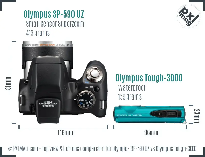 Olympus SP-590 UZ vs Olympus Tough-3000 top view buttons comparison