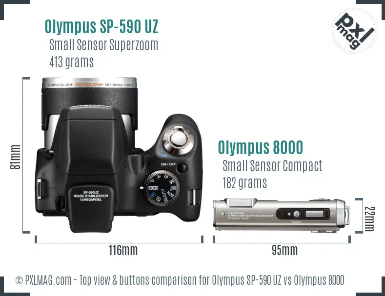 Olympus SP-590 UZ vs Olympus 8000 top view buttons comparison