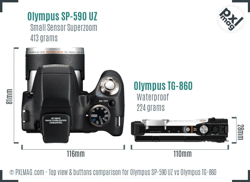 Olympus SP-590 UZ vs Olympus TG-860 top view buttons comparison