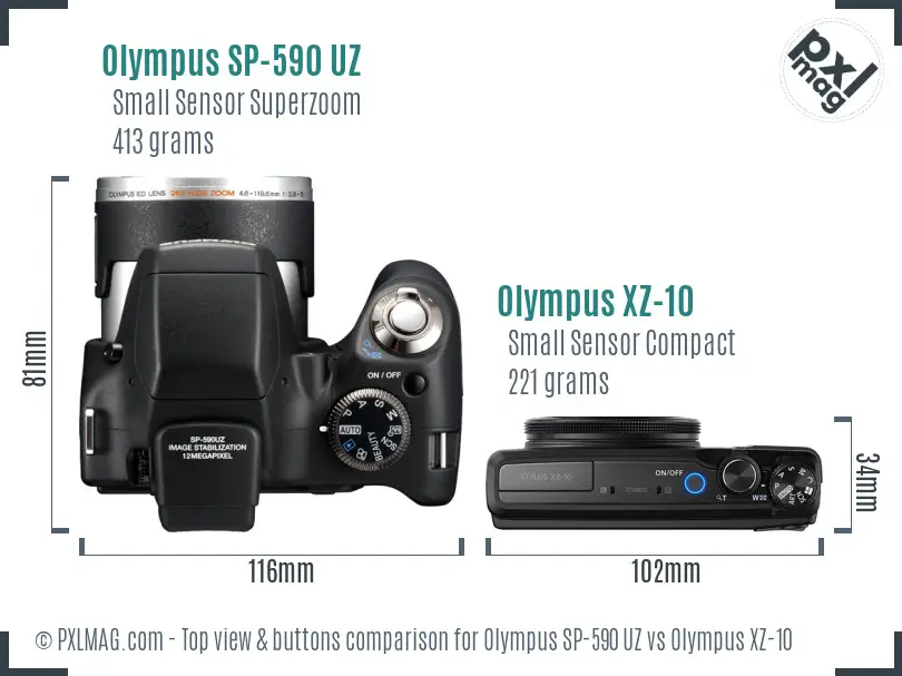 Olympus SP-590 UZ vs Olympus XZ-10 top view buttons comparison