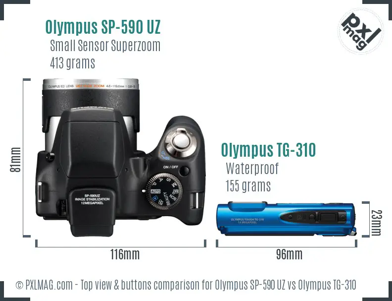 Olympus SP-590 UZ vs Olympus TG-310 top view buttons comparison