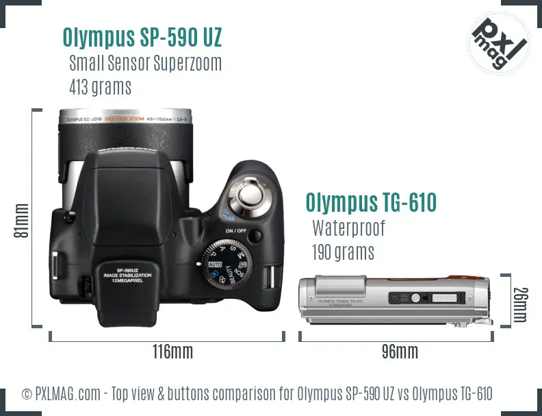 Olympus SP-590 UZ vs Olympus TG-610 top view buttons comparison