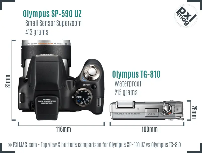 Olympus SP-590 UZ vs Olympus TG-810 top view buttons comparison